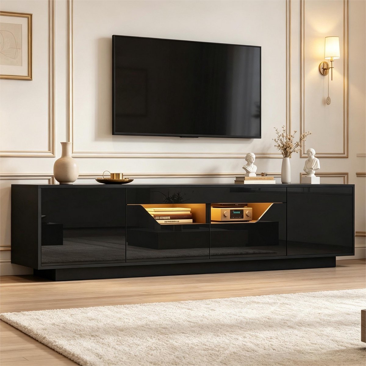 HAUSS SPOLE Tv Meubel - Hoogglans Met Led En 2 Lades - Modern Voor Woonkamer En Tv Hoek - Spaanplaat - Zwart - 180x40x45 Cm