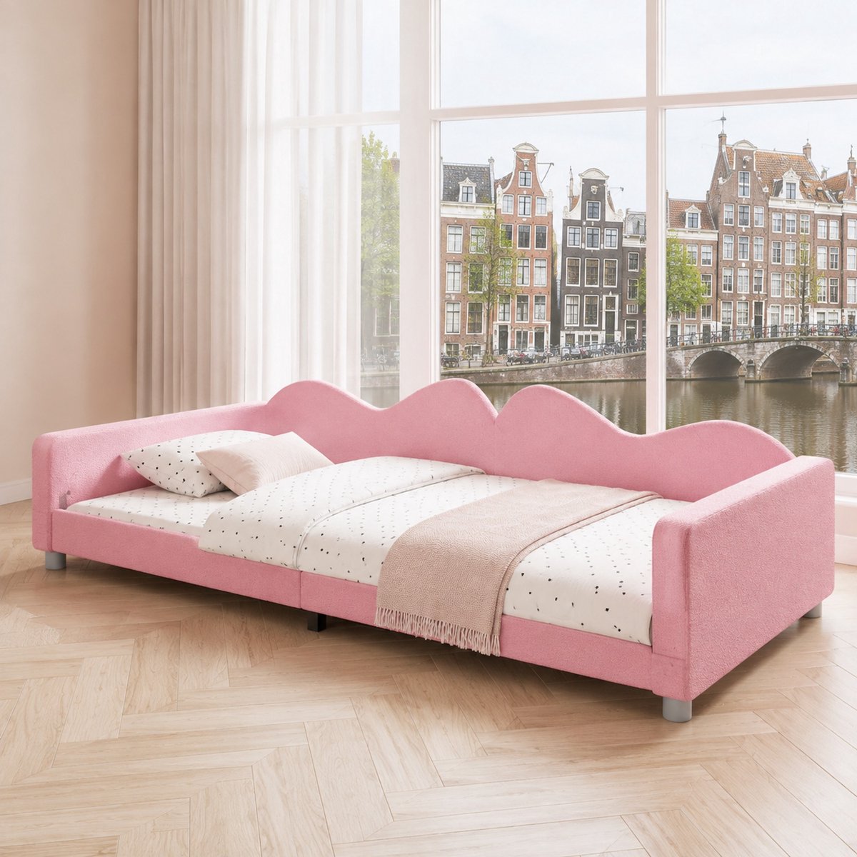 WUVRIE Multifunctioneel kindersofa bed 90x200cm met Teddy stof - roze slaapbank met rugleuning en armleuningen Pink