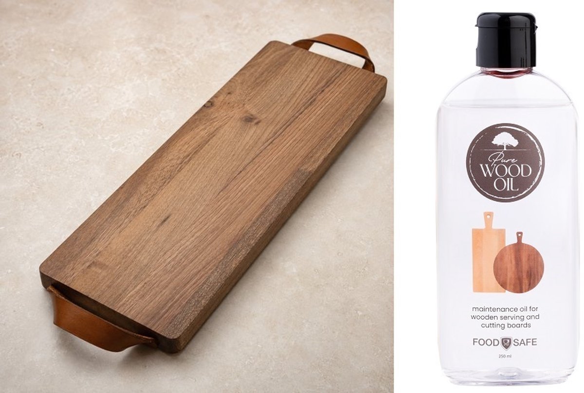 StadsPlanken Luxe Walnoothout Borrelplank met Leren Handvatten FSC 100% Walnoothout Serveerplank en Kaasplank – 48 x 17 cm. Inclusief 100 ml. Pure Wood Olie