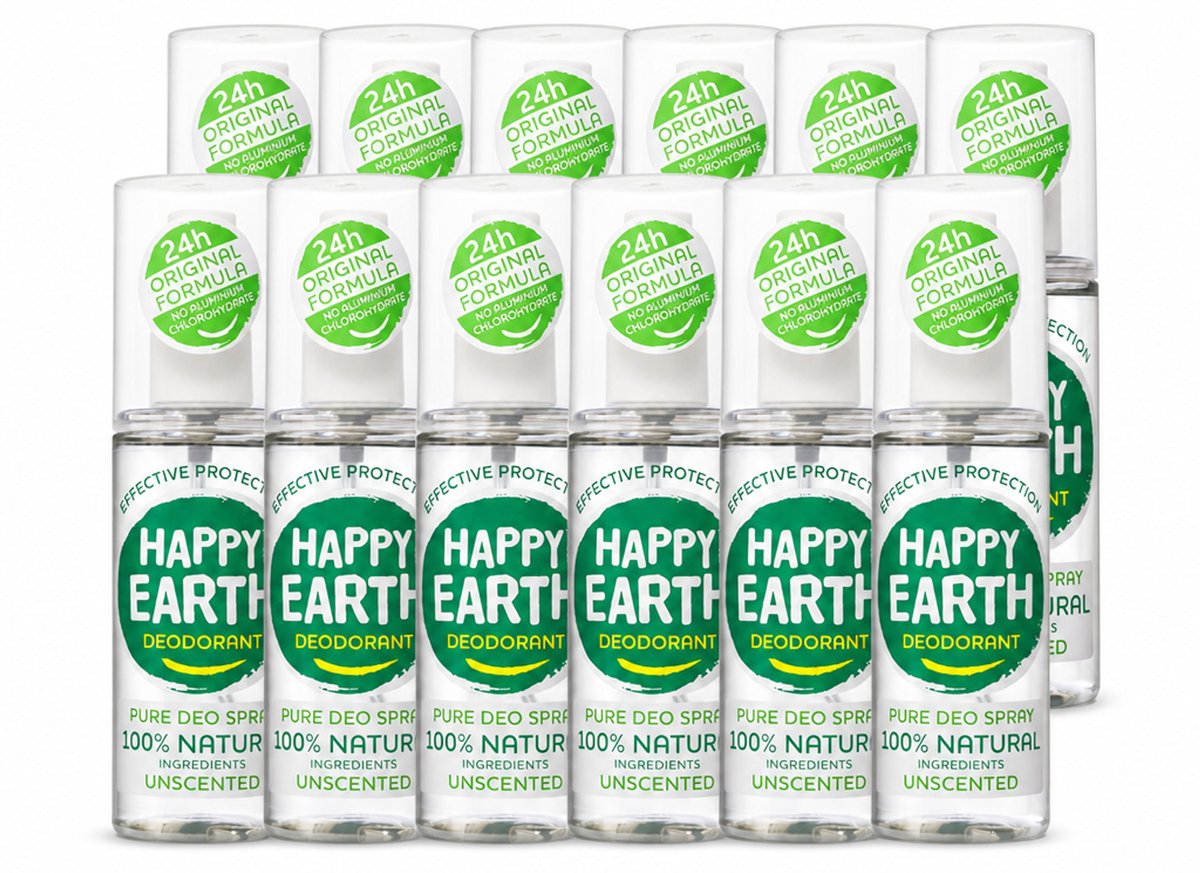 12 x Happy Earth – Deodorant Spray – 100% Natuurlijk Unscented – 100 ml - Voordeelverpakking - 12 stuks
