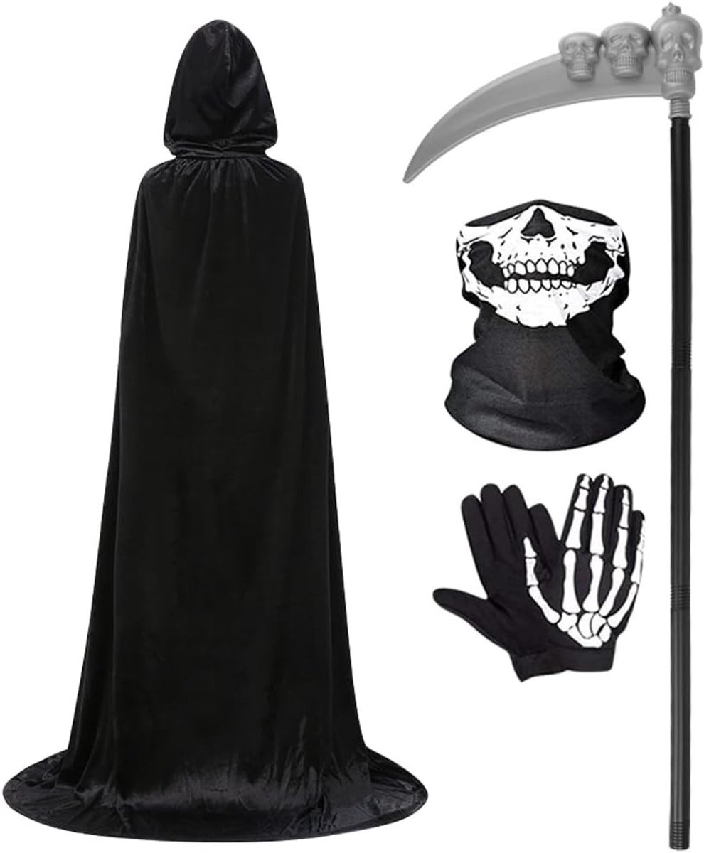 Halloween Kostuum Unisex Cape met Kap, 150 cm, Zwart Kostuum met Skelet Handschoenen en Masker voor Feestjes en Rollenspellen