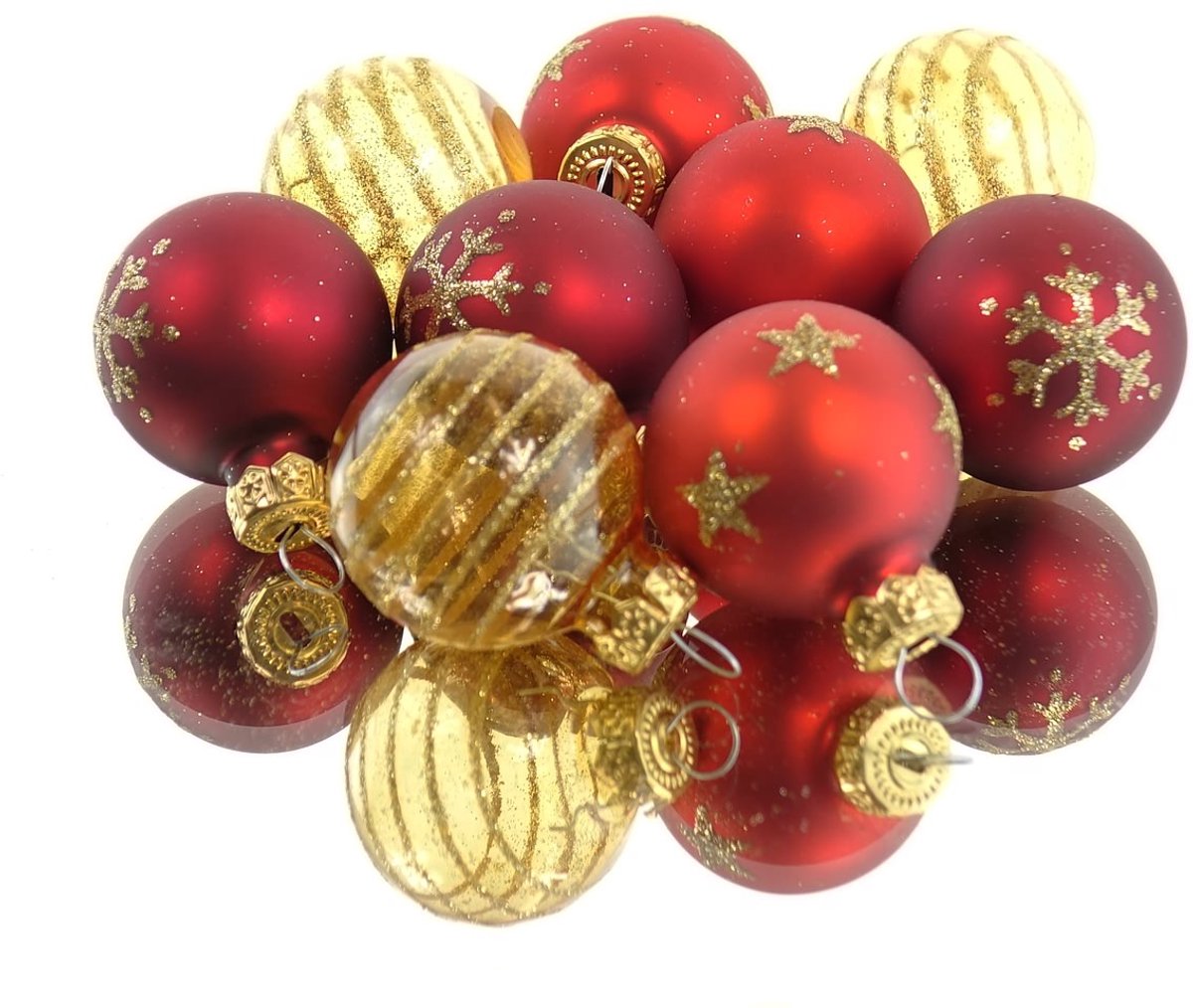 9 Glazen kerstballen 3 cm mix kerstrood licht goud