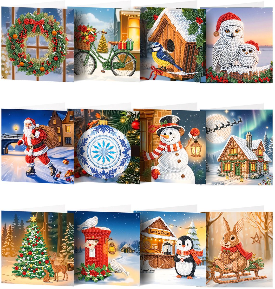 Adorzy Diamond Painting Kerstkaarten – 12 Kerstkaarten met envelop - Diamond Painting Volwassenen – Diamond Painting Volledig Pakket