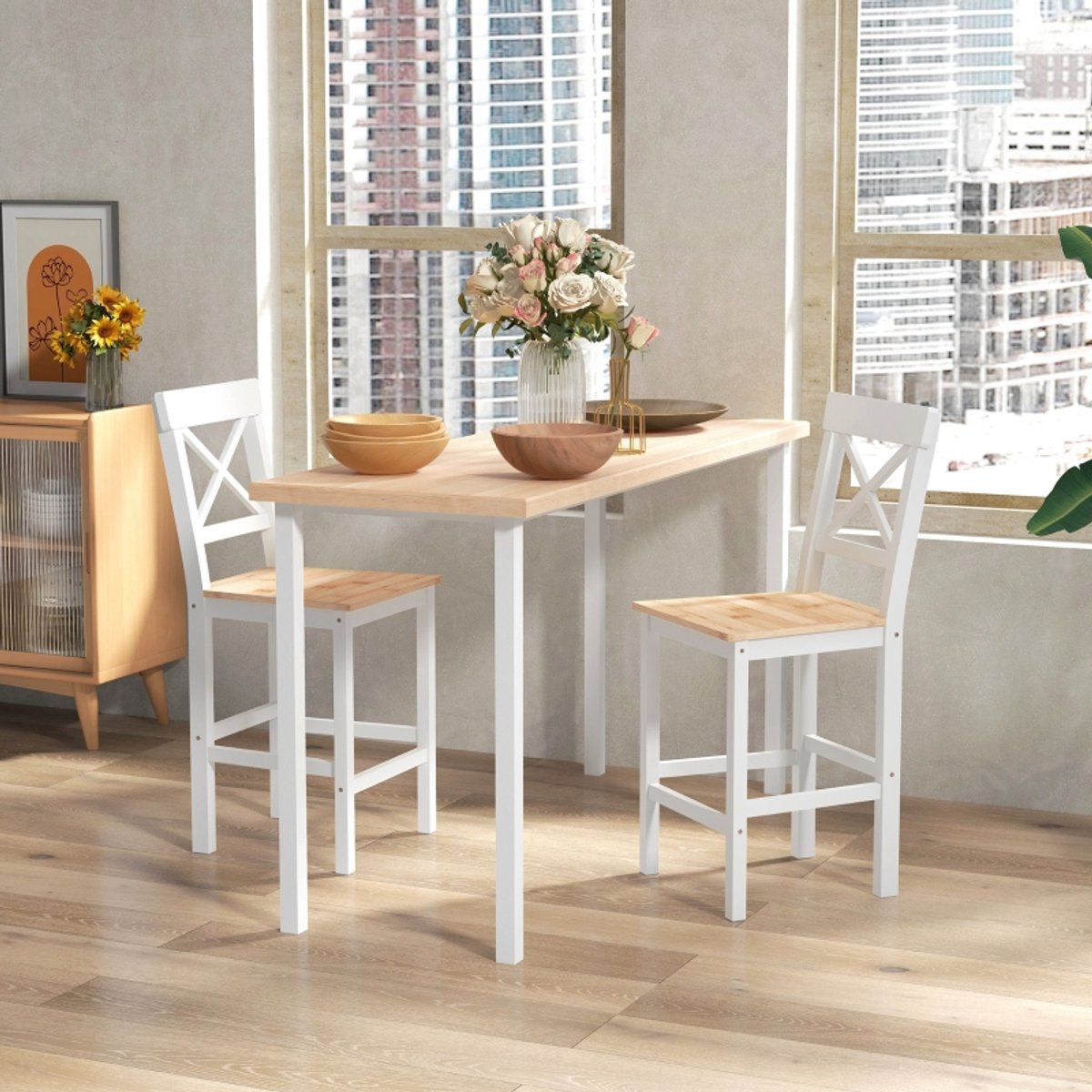 Barstoelen Set van 2 X Ramen Barstoel Met Rugleuning En Voetensteun Voor Keuken En Woonkamer Hout Wit En Natuurlijk Hout