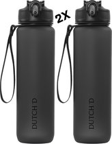Dutch'D ® - Set van 2 stuks - 1 liter Drinkfles - Drinkfles met rietje - Waterfles - Zwart op Zwart - Drinkfles Volwassenen - Lek Vrij - Cadeau voor haar/hem - Verschillende Drinkflessen en waterflessen - Drinkbeker - Sportfles - Drinkbus