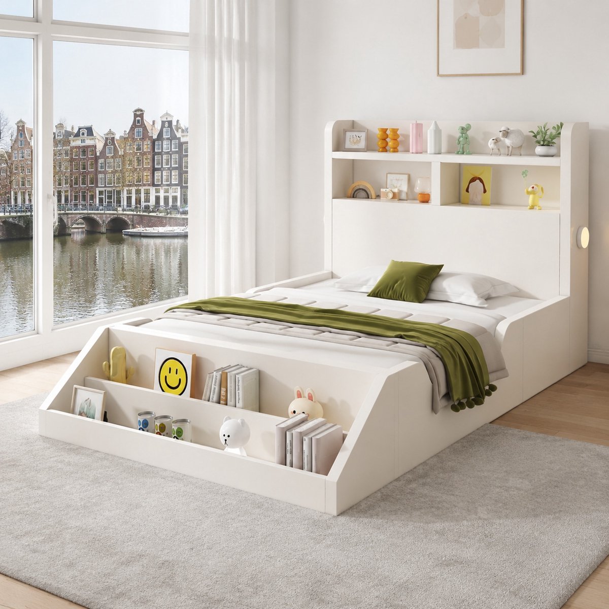 WUVRIE Eenpersoons bed 90x200 cm kinderbed jeugdbed met nachtlichter, boekenrek en lattenbodem - wit