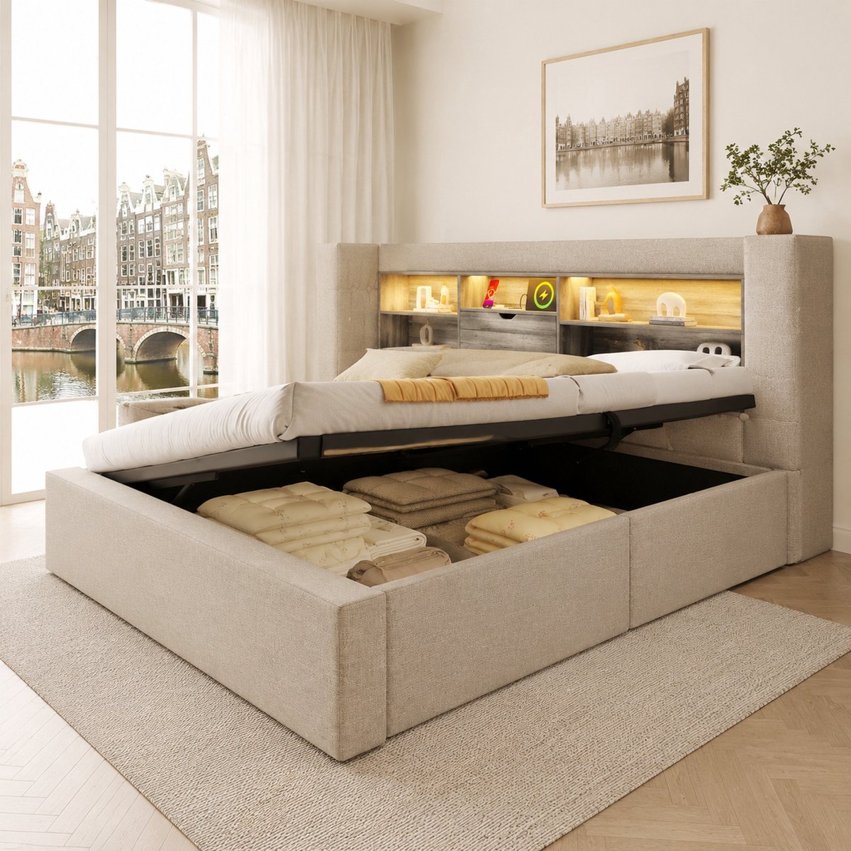 WUVRIE Polsterbett 90x190 cm met LED-verlichting en hydraulische opbergruimte, L-vormig hoofdbord, beidzijdig te monteren, lattenbodem, linnen stof beige - zonder matras