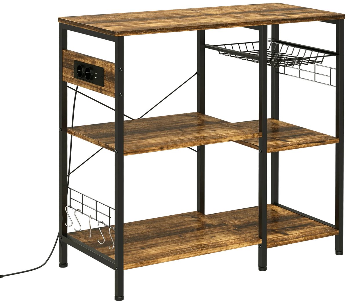 Atlasyx stellingkast - Opbergkast - Wandrek - Keukentrolley - Opbergrek - Keukenrek - 2 USB - 2 Stopcontacten - 90x40x83cm - Bruin