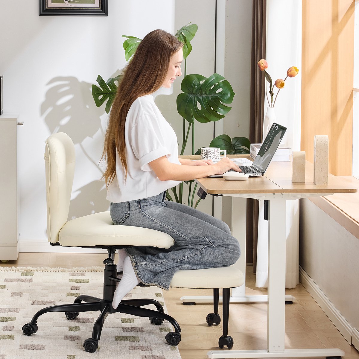 Bureaustoel Voor Volwassenen 360 Graden Draaibaar Met Hoofdsteun En Voetensteun Voor Thuiswerk Yoga En Meditatie Leer Wit