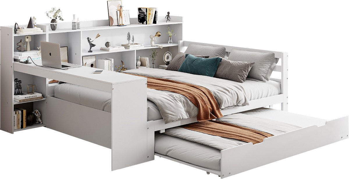 Massief houten slaapbank - Witte bedbank 140x200 - Met bureau - Met onderschuifbed - 150 kg draagvermogen - Logeerkamer - Wit