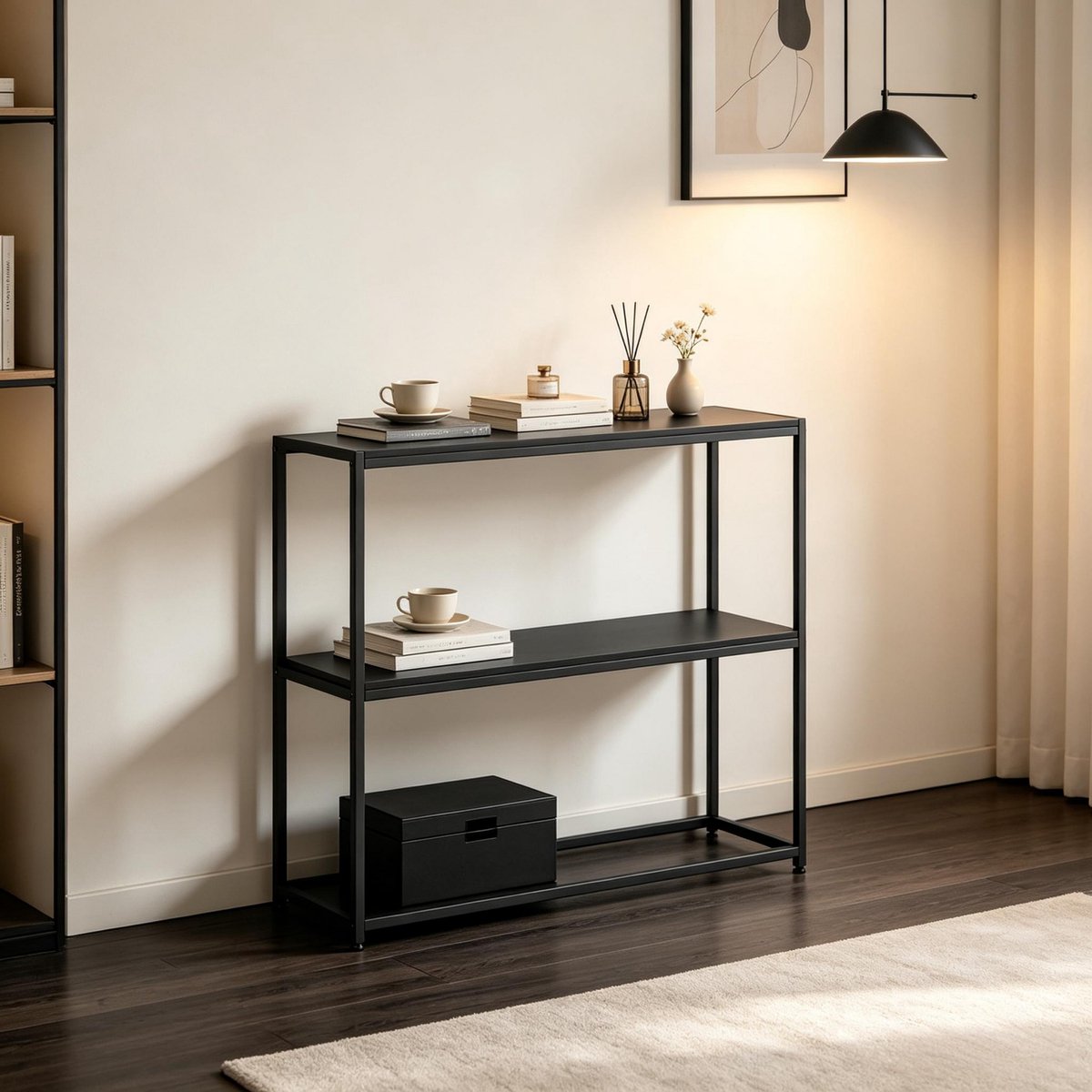 REDOM - Konsolentafel - Minimalistisch ontwerp - Stalen frame met 2 niveaus - Opbergrek - Moderne stijl - Entree, woonkamer of hal - Spaanplaat en staal - Zwart - 100 x 30 x 87 cm