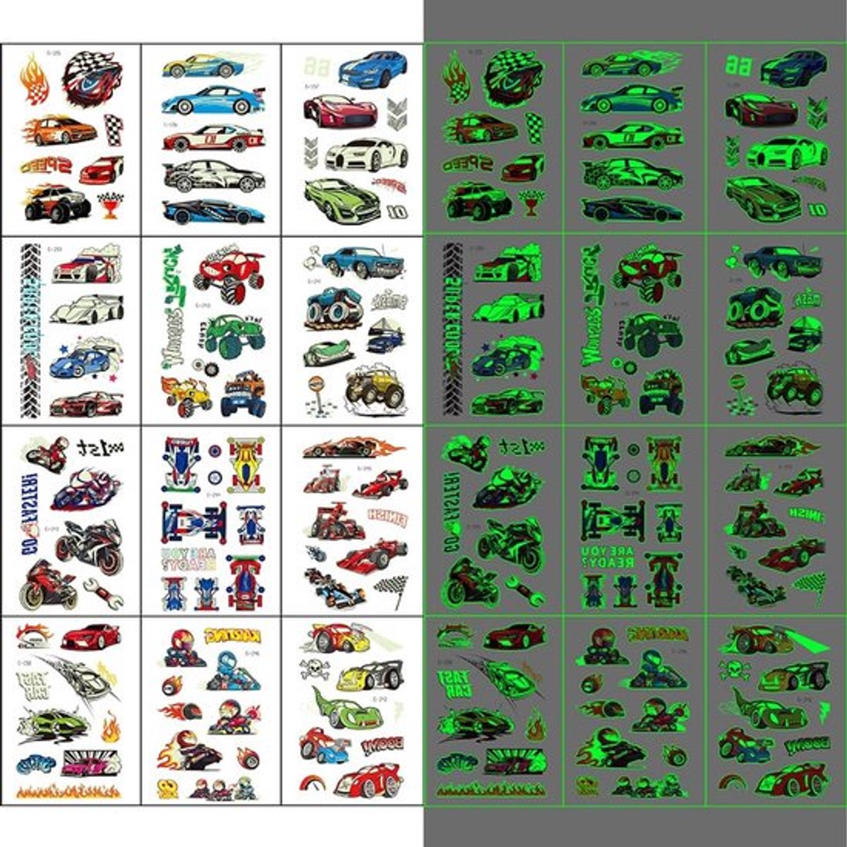NTHProducts - Luminous Racing Car Tattoos - Glow in the Dark - 12 Sheets