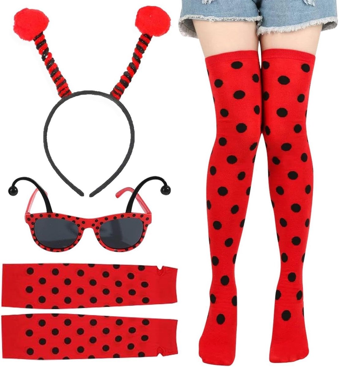 Creatieve kostuumaccessoires voor volwassenen: haarband, brillen, sokken en ladybird kostuum.