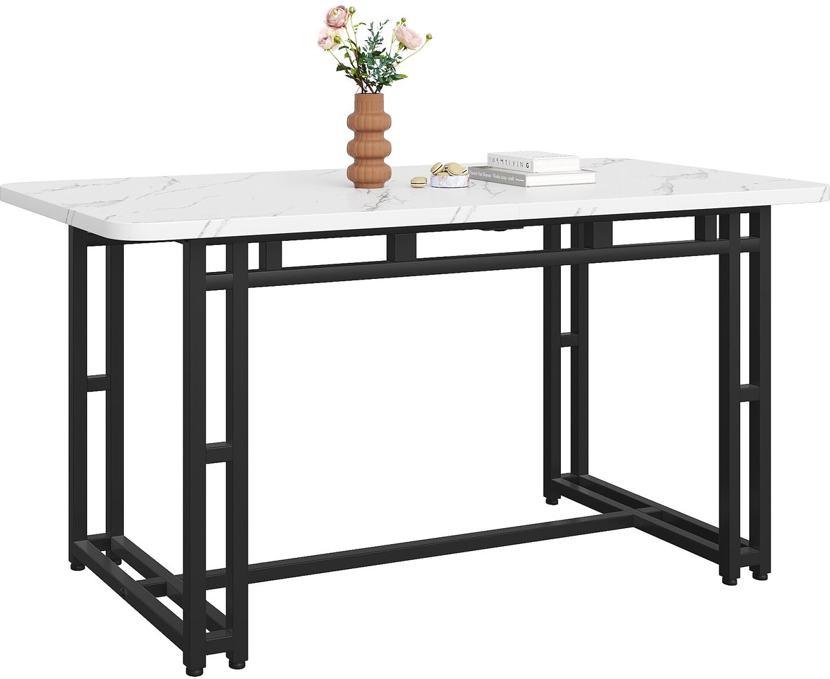 Merax 120x70 cm Luxe Eettafel – Modern Design met Zwarte Metaalpoten voor Woonkamer en Eetkamer Zwart; Wit