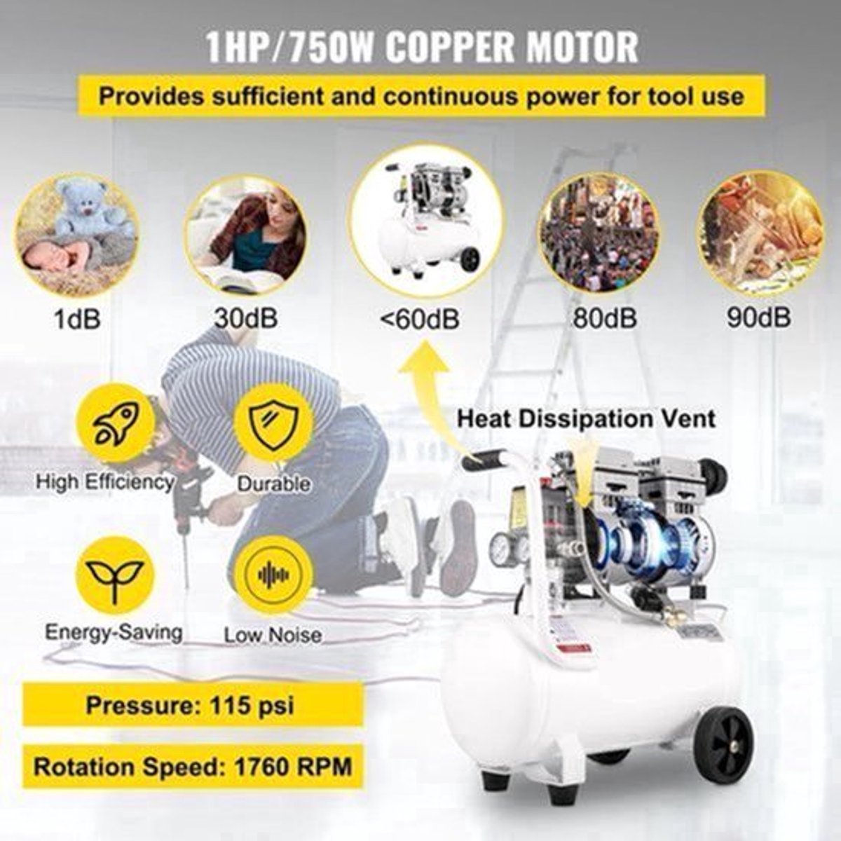 Airpress compressor - Luchtcompressor - Compressor - Stille Compressor - 25L - 1 PK - 750W - Olievrije Compressor met Stalen Tank - Ultra Stil - Draagbare - voor Werkplaats en Thuisgebruik