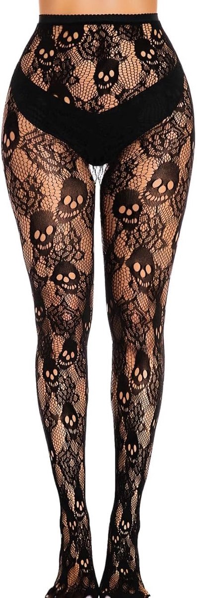 Gothic panty voor dames met doodskoppatronen, trendy netkousen voor een unieke look