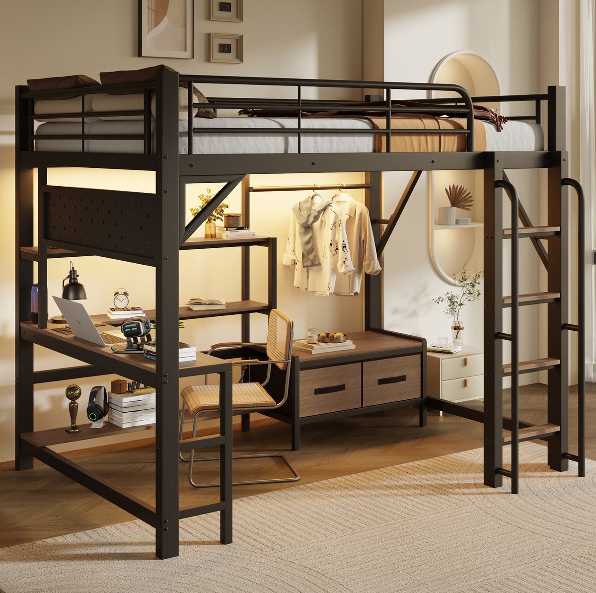 Hoogslaper 140 x 200 cm Zonder matras - Met Bureau En Opbergruimte - Met LED Verlichting En USB Aansluiting - Metaal En MDF - Zwart