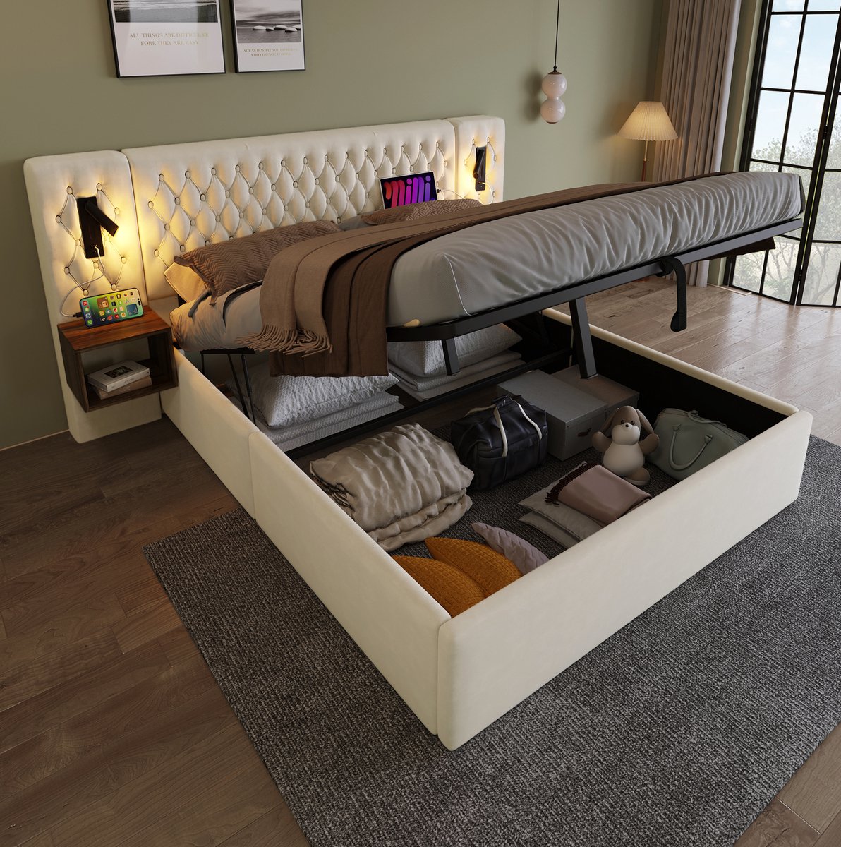Gestoffeerd Bed 180x200 cm - Hydraulisch Opbergbed met 2 Nachtkastjes - Leeslampen en USB Laadpunten - Lattenbodem - Zonder Matras - Beige