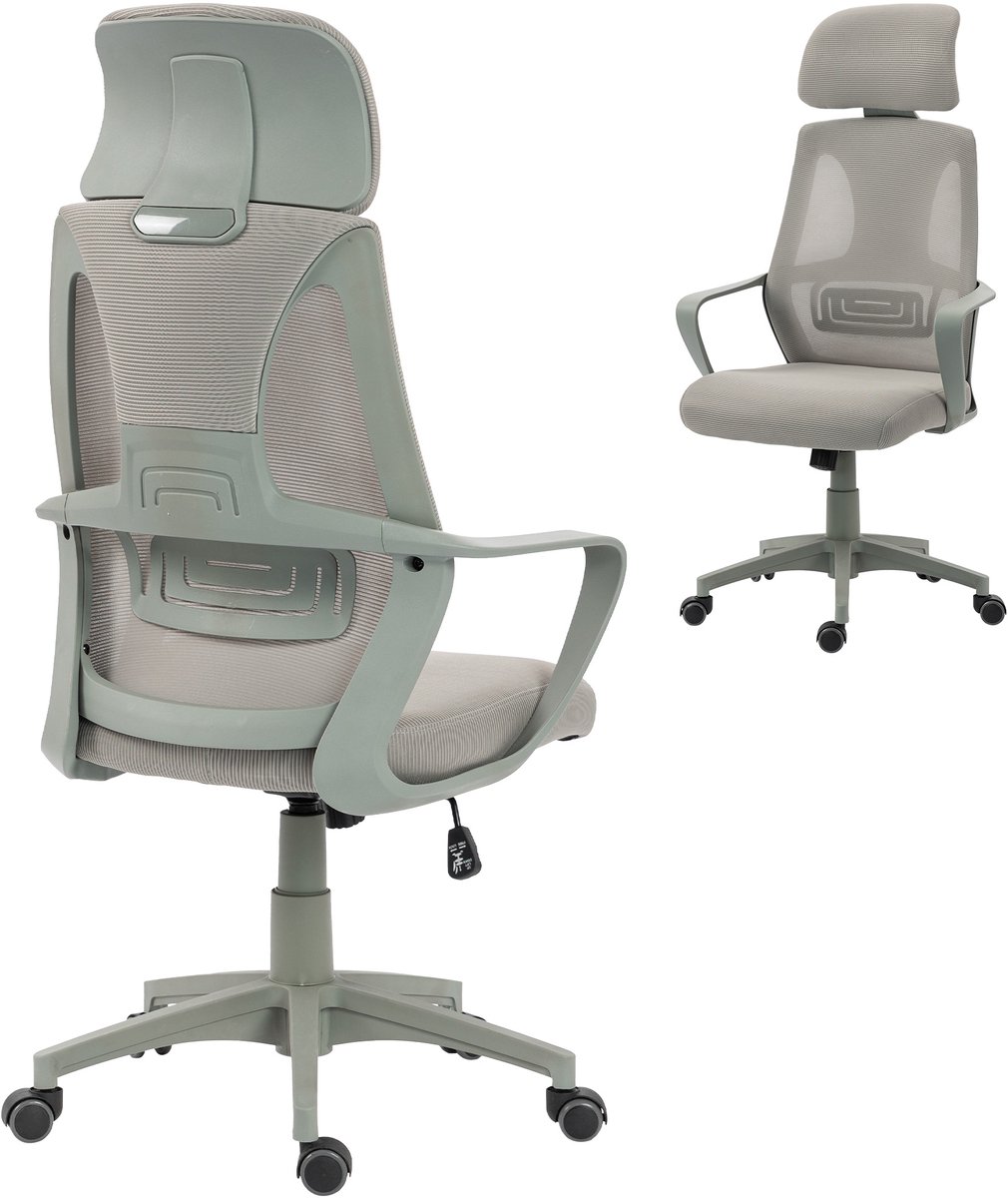 Bureaustoel Schrijftafelstoel - wipfunctie - hoogteverstelling - lendensteun - hoofdsteun - grijs