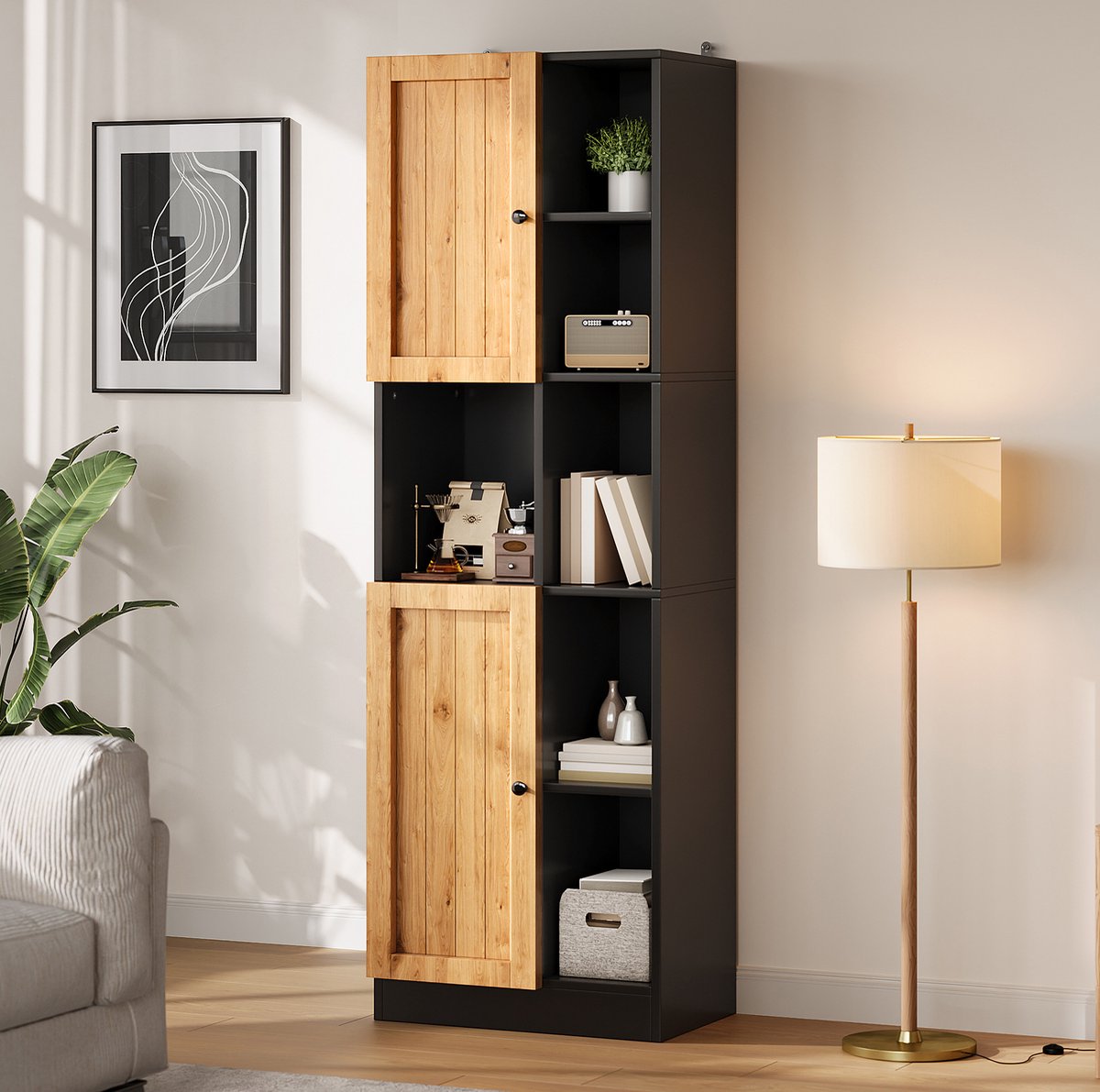 REDOM - Keukenkast - Hoekkast met 6 open vakken en 2 deuren - Verstelbare legplanken - Kantelbeveiliging - Voor keuken en eetkamer - MDF - Antraciet/Eiken - 50 x 35,5 x 170 cm