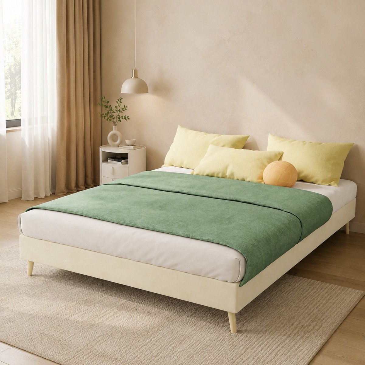 Gestoffeerd Bedframe 140x200 cm - Normaal Bed Met Lattenbodem - Stevige Ondersteuning - Voor Slaapkamer Zonder matras - Stof Metaal - Beige