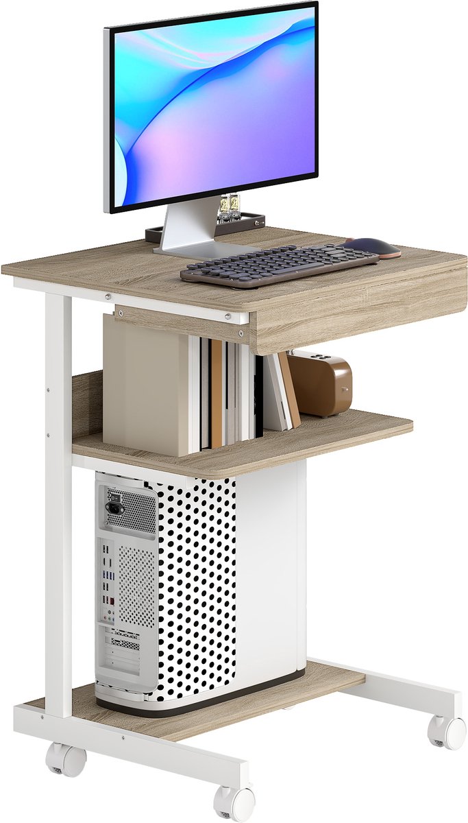Rolbureau compact met lade en planken - Mobiel met 4 wielen - Ruimtebesparend - Handige opbergruimte - Spaanplaat - Metalen frame