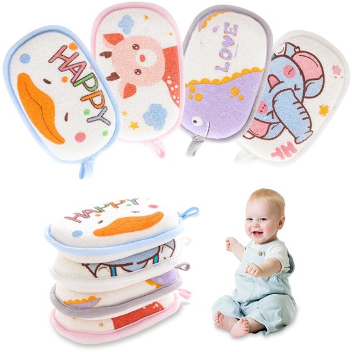 Dailygoods - Set van 4 Cartoon Badsponzen voor Kinderen met Sterke Wateropname
