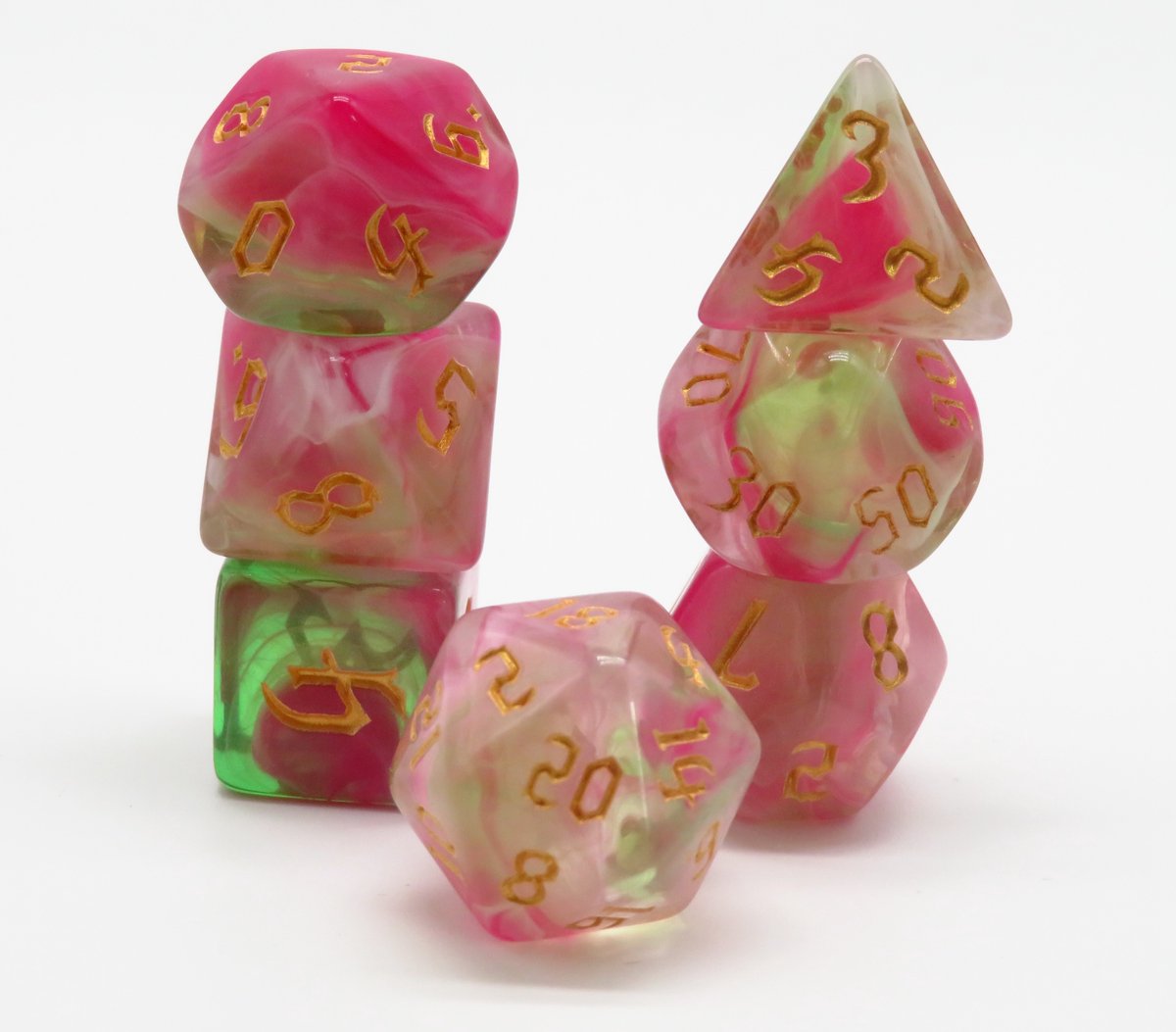 Gothic Pink Roses Polydice Set - Transparant Met Roze, Groen, Wit & Gouden Cijfers