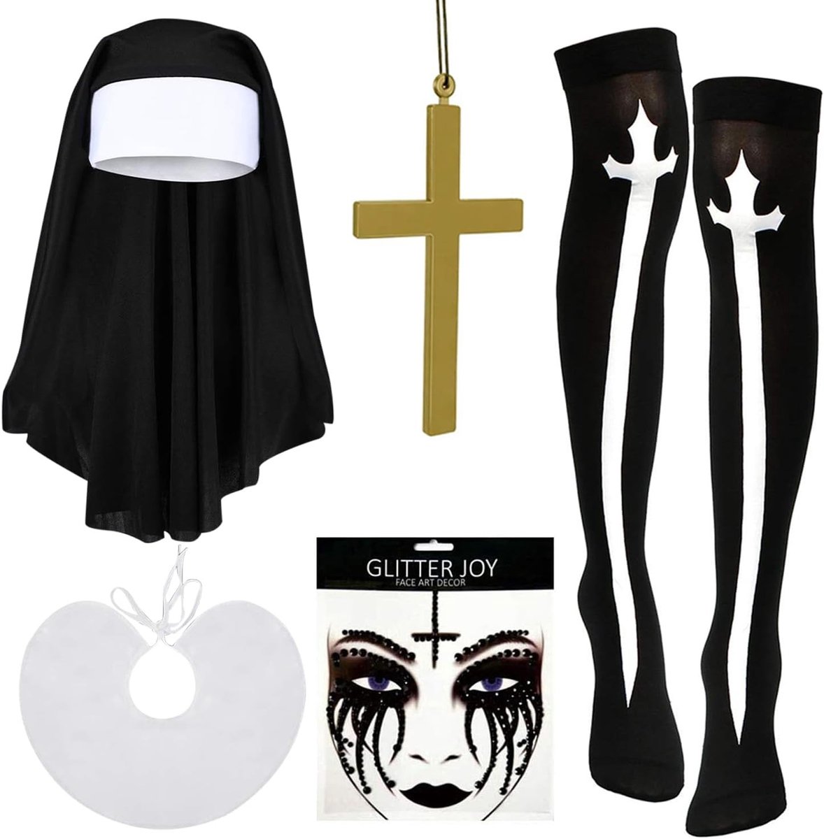 Nuns Kostuum Accessoire Set voor Vrouwen, Halloween Outfit voor Non, Rollenspel Kostuum met Hoed en Kruis
