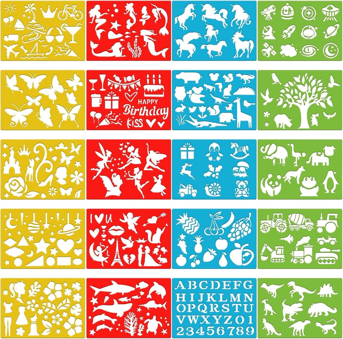 20-delige Kleur Sjablonen voor Kinderen, 300+ Patronen van Dieren, Eenhoorn en Dinosaurus Schilderen voor Verjaardagsfeesten, Kleuterschool en Creatieve DIY Projecten