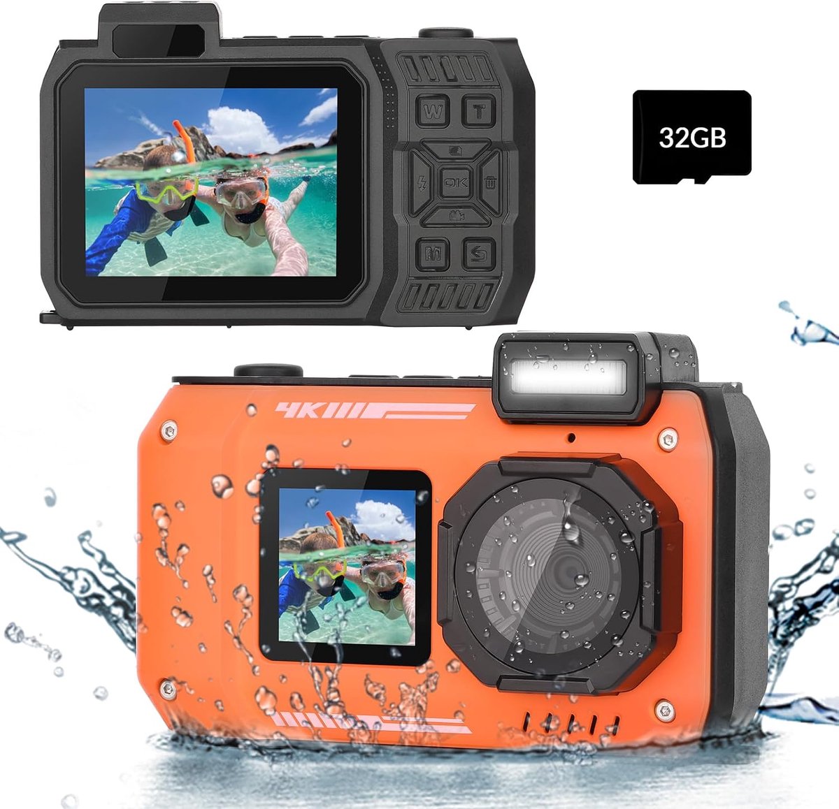 4K 48MP-onderwatercamera – Waterdicht tot 10 m, dubbel scherm, autofocus, inclusief 32GB-kaart; schokbestendige en stofdichte digitale camera voor duiken, snorkelen, reizen en sport – Oranje