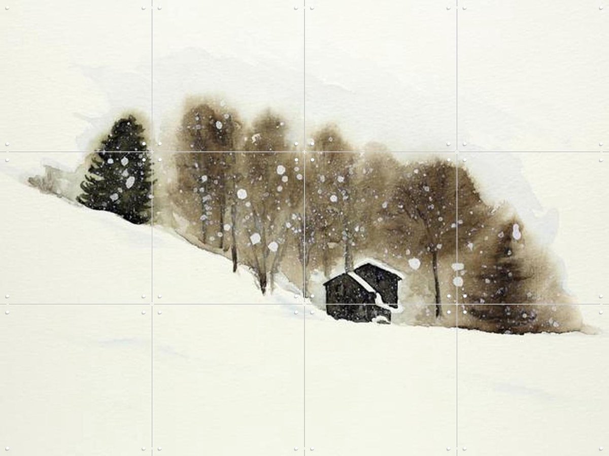 IXXI Ski Slope with Wooden Cabins, Natalie Bruns - 80 x 60 cm - Gratis ophangtool - Grote wanddecoratie en posters - Naturalisme, Aquarel, Gang
