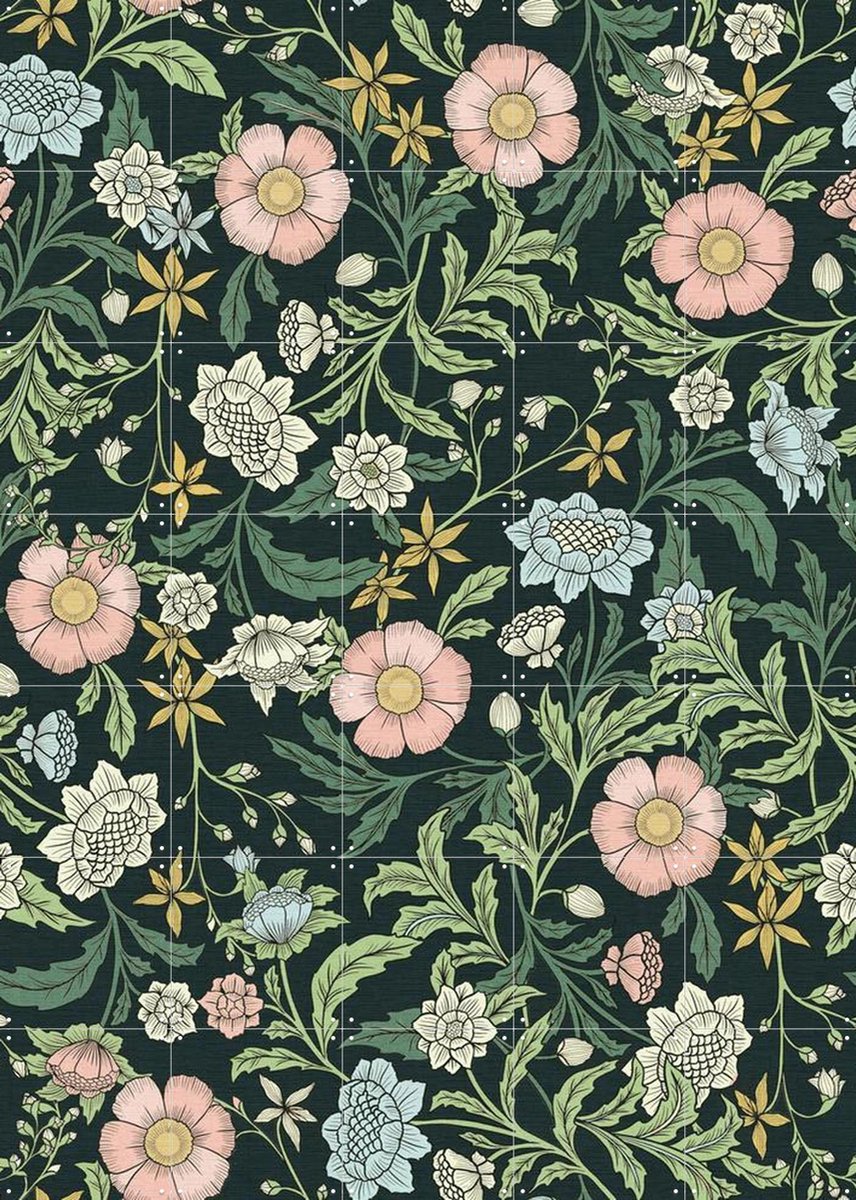 IXXI Morris trailing floral foliage - dark green, pink, Bloomery Decor - 100 x 140 cm - Gratis ophangtool - Grote wanddecoratie en posters -