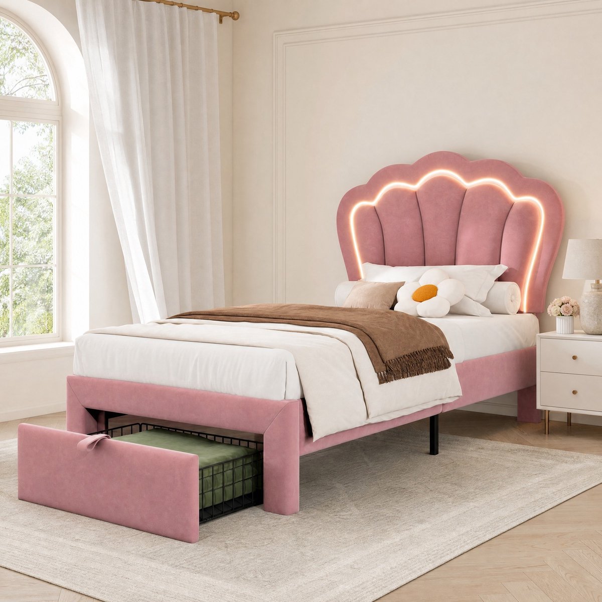 COVREO Kinderbed met LED en bedlade – 90x190 cm – Bedframe met verstelbaar hoofdbord – voor kinderkamer – Roze - zonder matras Rose