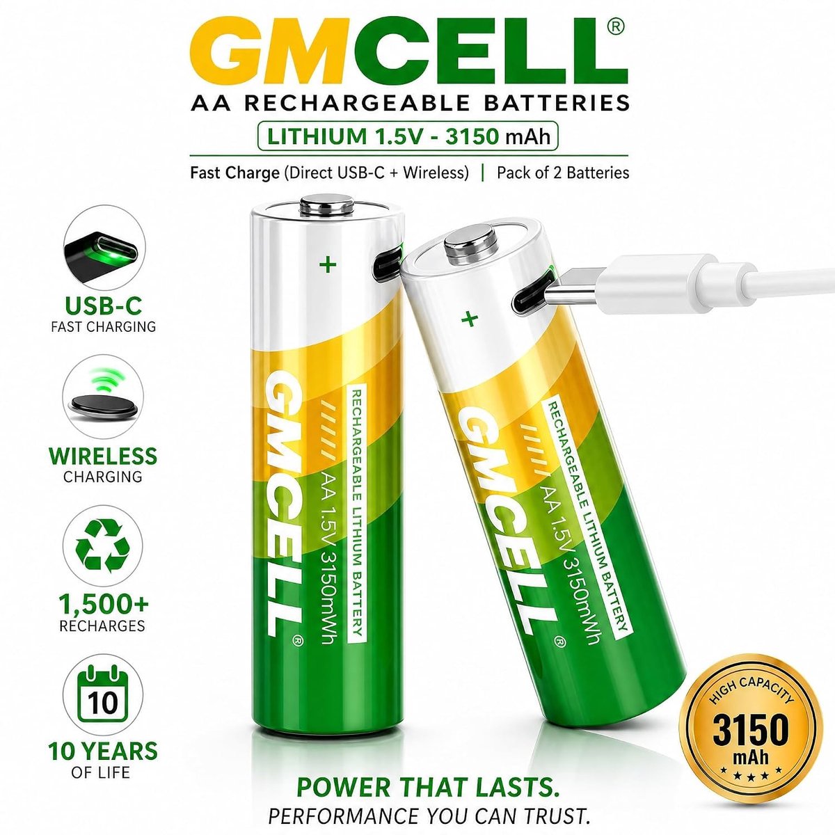 GMCELL AA Batterij Oplaadbaar Usb-Type C 1.5V 3150mWh Lithium Li-ion.
