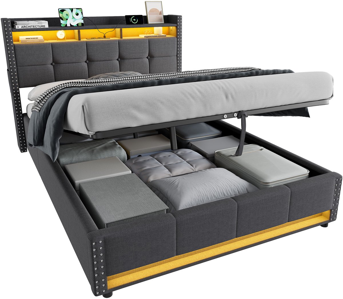 MODENUIT Gestoffeerd bed 140x200cm – LED lamp en oplaadfunctie – Opbergruimte in hoofdbord – Donkergrijs – Zonder matras