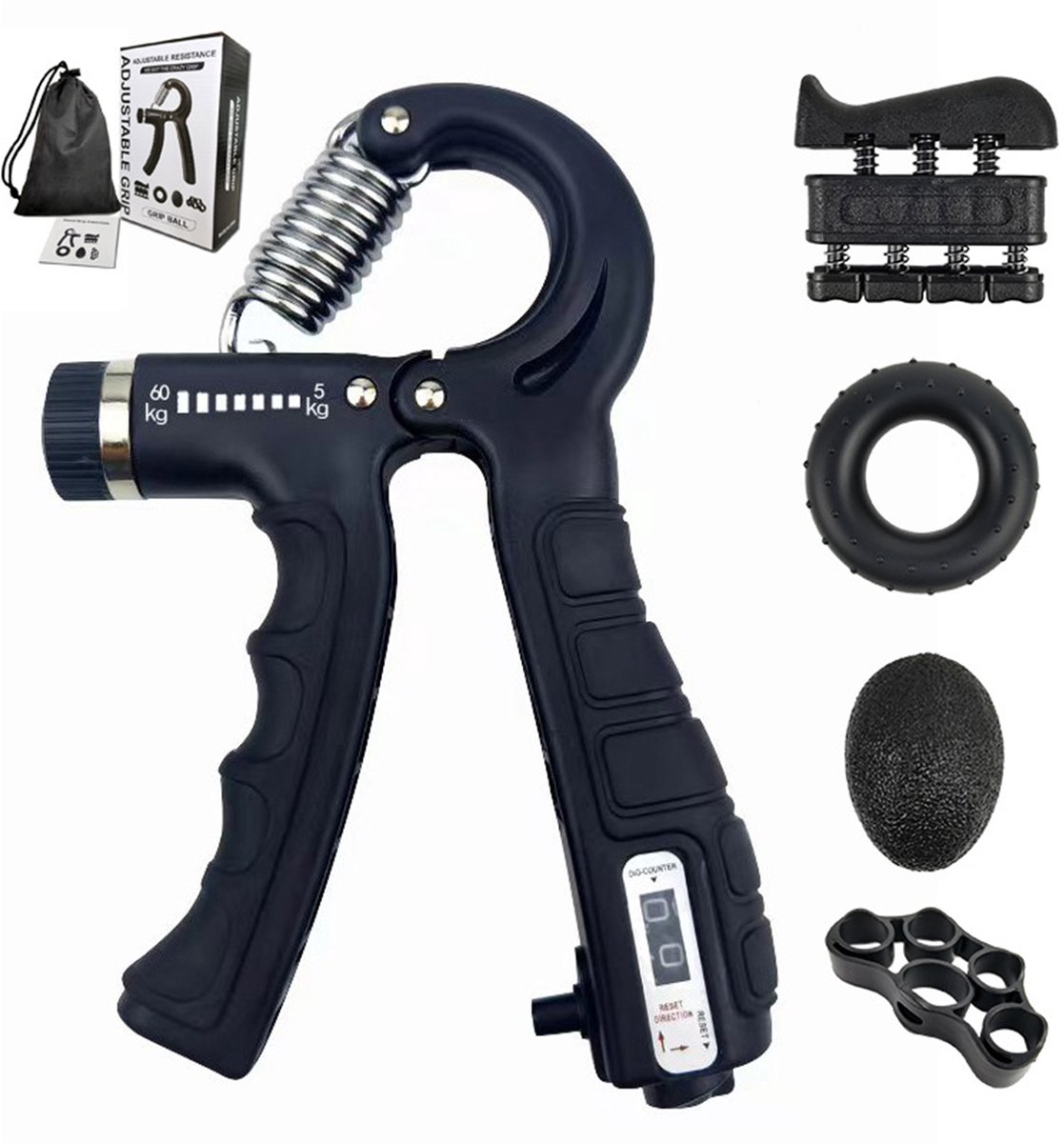 Handtrainer met Teller – 5-Delige Fitness Handtrainer Set – Trainer voor Hand, Onderarm, Pols & Vingers – Stressbal, Knijphalter, Stretcher & Grip bal – Instelbare weerstand van 10–60 kg– Anti RSI