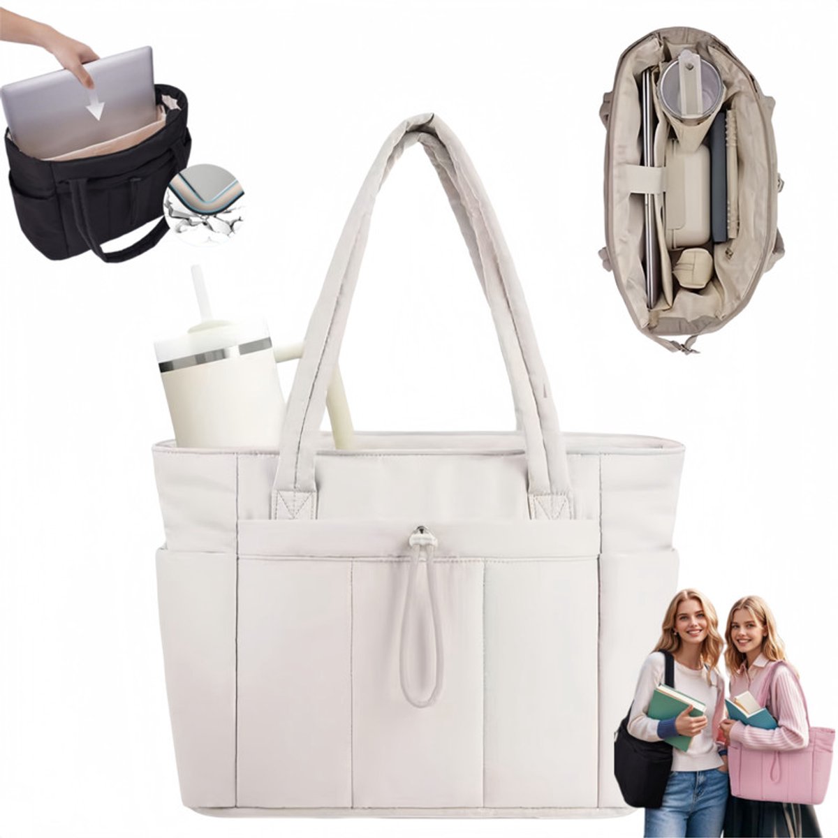 Dameshandtas – Ruime (20 l), stevige shopper / tote – Lichtgewicht reistas / schoudertas – Casual laptoptas – Voorzien van laptopvak (15,6 inch) & geïsoleerd vak voor waterfles (1,18 l) – Geschikt voor werk, school, reizen, winkelen – 40 x 31 x 16 cm