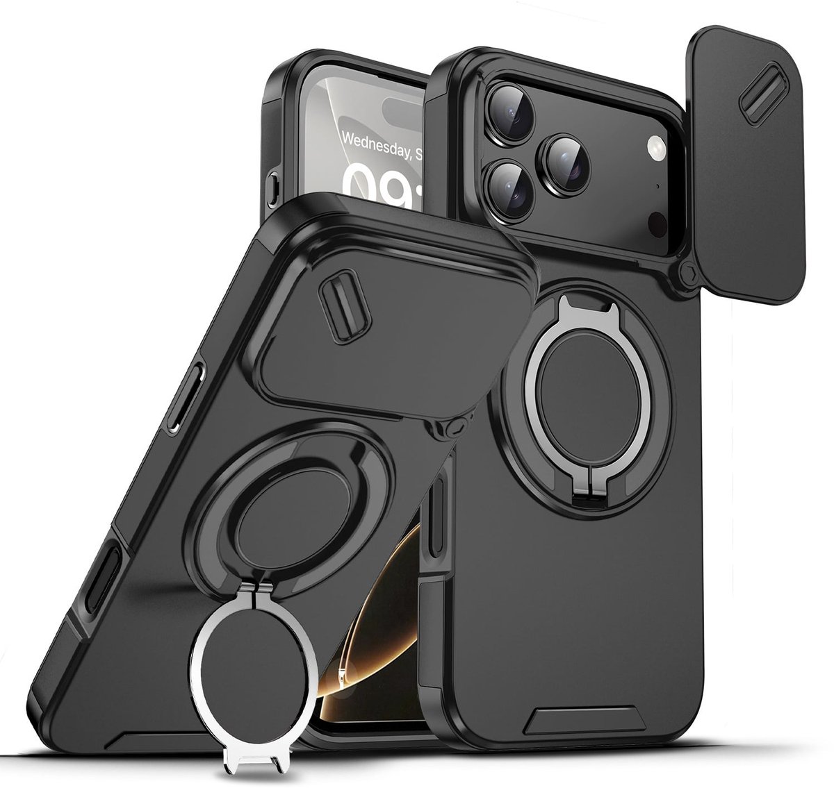 Hoesje Geschikt voor iPhone 18 Pro Max Hoesje - Zwart Hybrid Armor, Schokbestendig met Ringhouder & Kickstand, Verhoogde Camerabescherming – voor MagSafe - Ntech