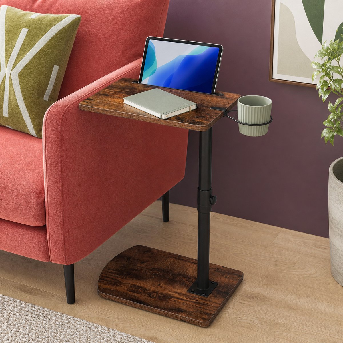 TRANKIELO® - C-vormige bijzettafel - In hoogte verstelbaar 45,5-78 cm - 360° draaibaar met bekerhouder en tabletgleuf
