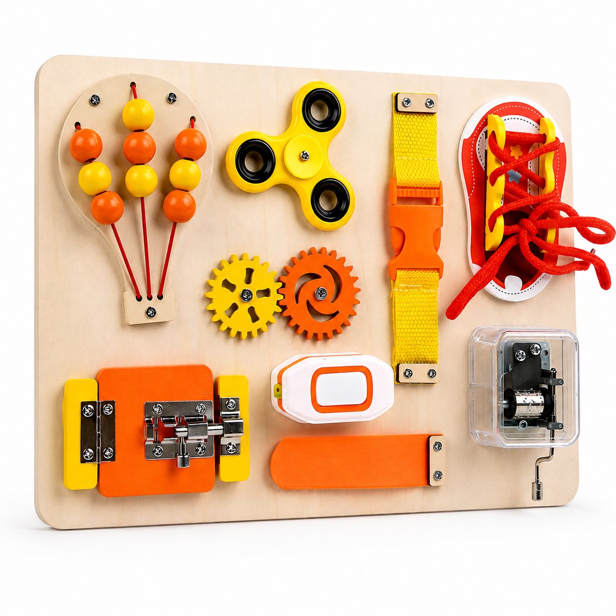 Leefico Houten Busy Board Oranje - Montessori Activiteitenbord Sensorisch Educatief Speelgoed - Baby Peuter Activiteitenboek Reisspeelgoed – Speelgoed 1 jaar – Speelgoed 2 Jaar