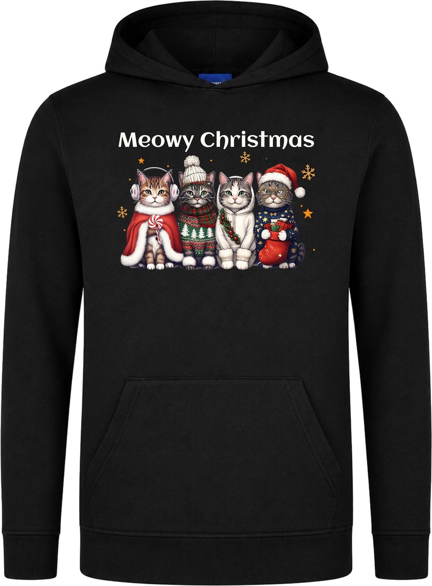 Meowy Christmas Kerst Hoodie - Foute Hoodie Dames Heren - Kat - Unisex - Kersttrui - Kerst Cadeau - Grappig - Zwart - Maat L