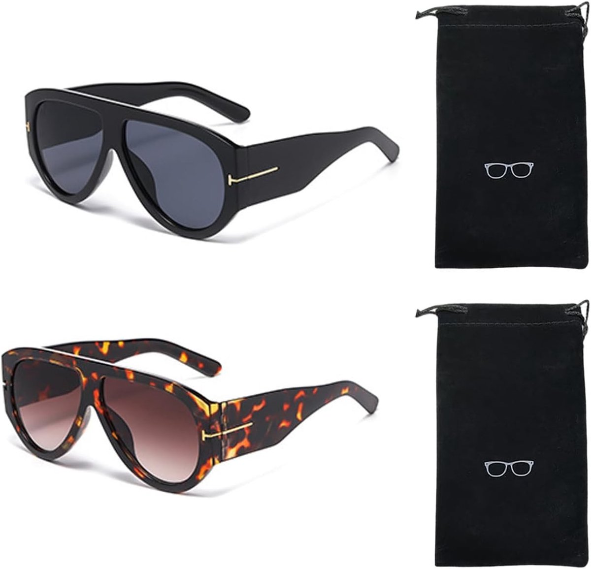 Retro Zonnebrillen Set met Opbergzakjes - Grote Vierkante Zonnebril, Modeaccessoires voor Unisex en Zomerstijl
