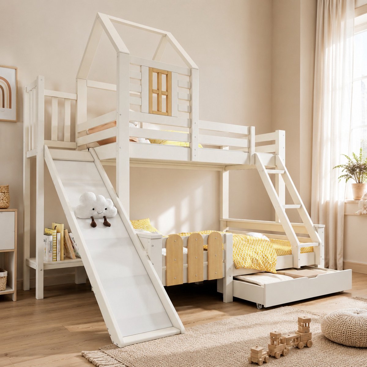 COVREO Stapelbed met glijbaan en lade – 246x186x230 cm – Huisbed voor kinderen met ladder – 90x200 en 140x200 cm – Wit en natuur - zonder matras Wit; Naturel
