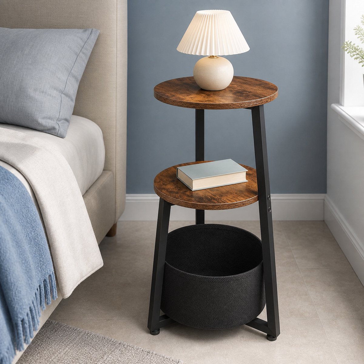 TRANKIELO® - Ronde bijzettafel met planken en opbergvak – Compact en veelzijdig voor woonkamer, slaapkamer en kantoor