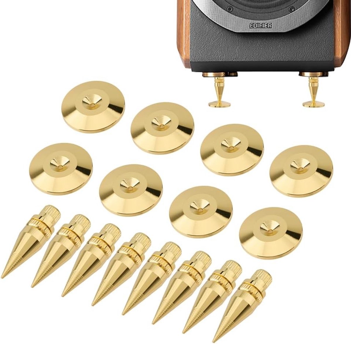 8 sets anti-vibratie-pads met luidsprekerpunten, 38 x 11 mm, isolerende sokkel van koper voor audioapparatuur, versterkers en platenspelers