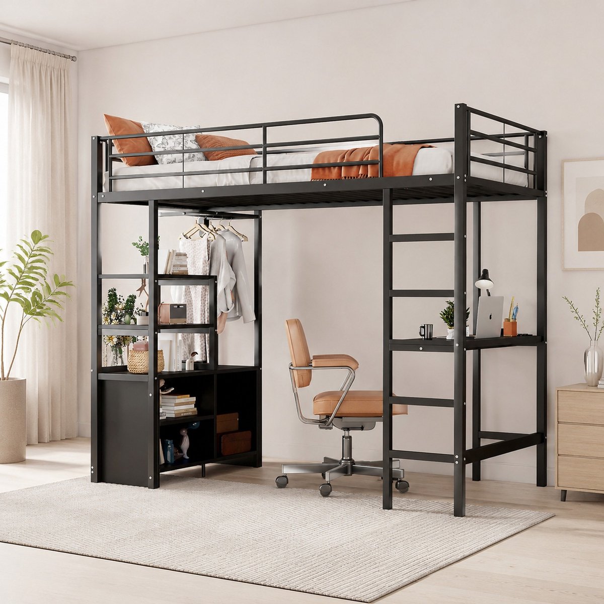 COVREO Hoogslaper met bureau – 90x200 cm – Bedframe met USB en stopcontact – met opbergrekken en ladder – Zwart - zonder matras