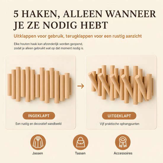 Wandkapstok - Kapstok - van massief Europees beukenhout - 5 inklapbare haken - Picket rail kapstok voor hal, slaapkamer en entree - 37 x 16 cm - Piano kapstok - Kapstok Muur - Naturel — afbeelding 2