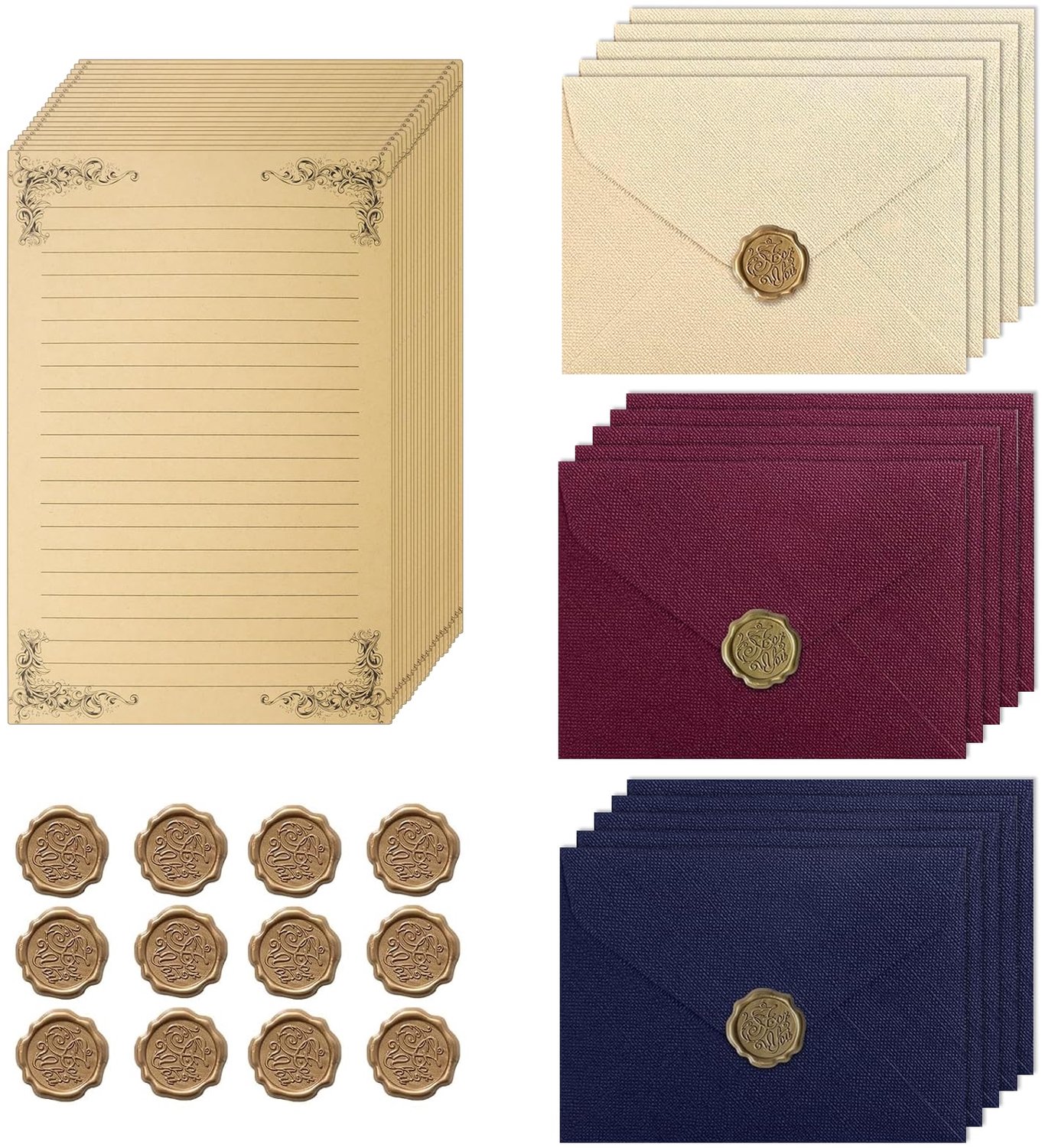 Vintage Briefpapier Set - 50 Stuks inclusief Enveloppen en Lakzegels
