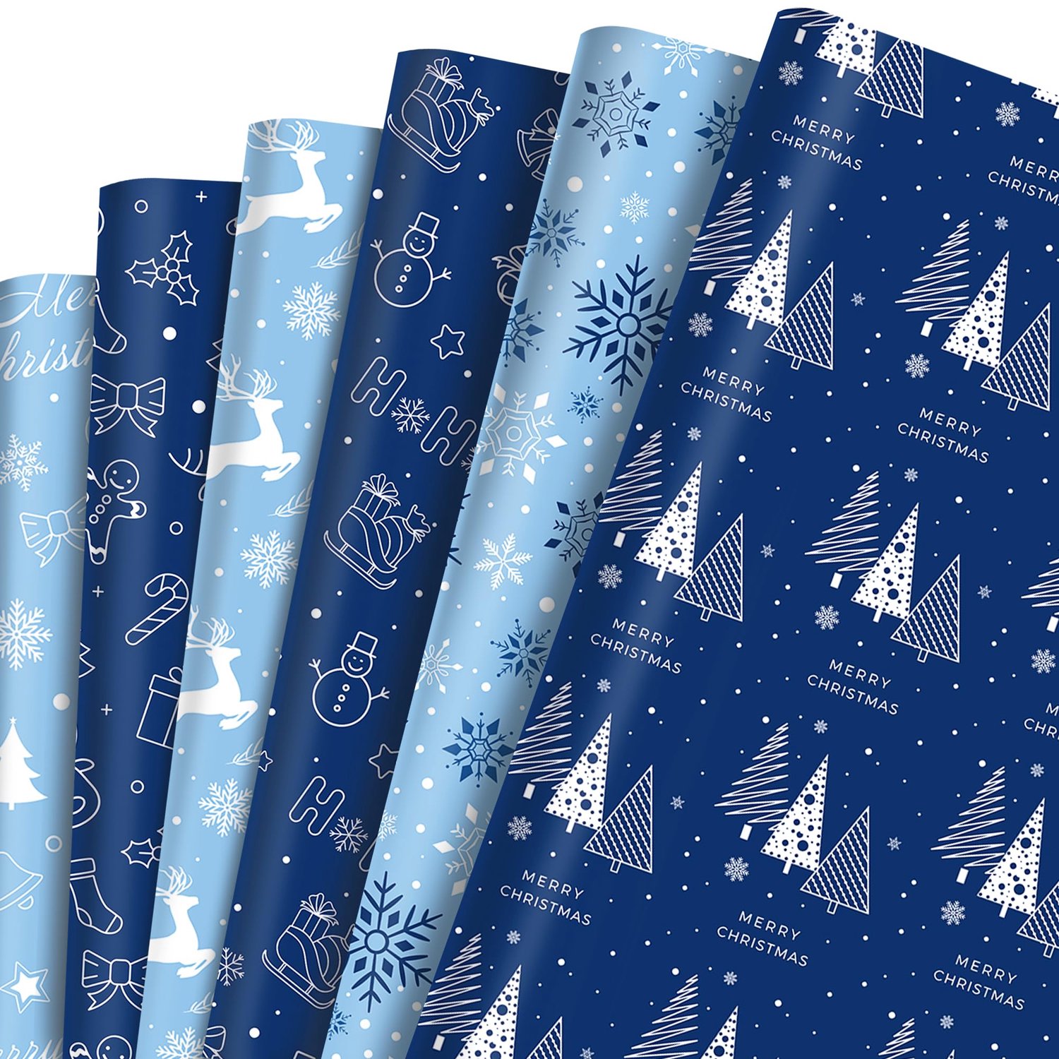 Inpakpapier 12 Vellen - Blauw Kerst - Kerstboom/Rendier/Sneeuwvlokken - 50x70 cm - Doe-Het-Zelf Ambacht - Perfect voor Cadeaus - Cadeaupapier